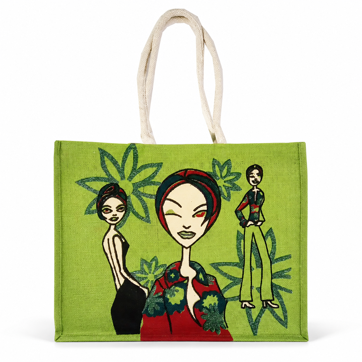 Well-Designed Girls Print Green Color Jute Handheld