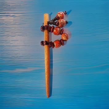 Thumbnail: Salvus App SOLUTIONS Wooden Handmade Orange Flower Beads Juda Pin/Bun Stick