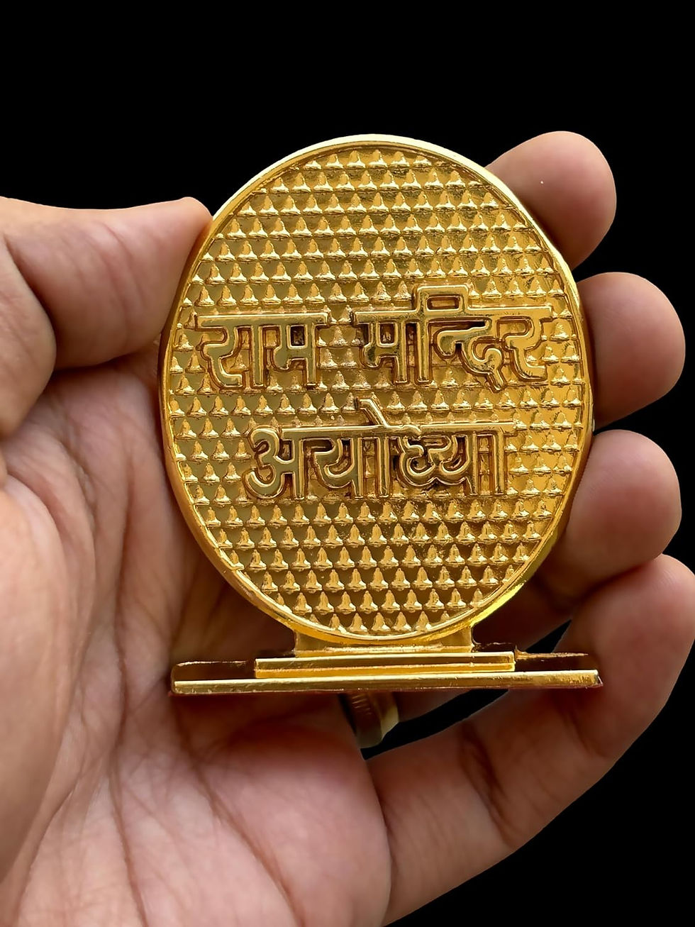 Thumbnail: Salvus APP SOLUTIONS Ram Mandir Ayodhya with Lord Ram Ji Stand(Gold_2x2.6 Inch)
