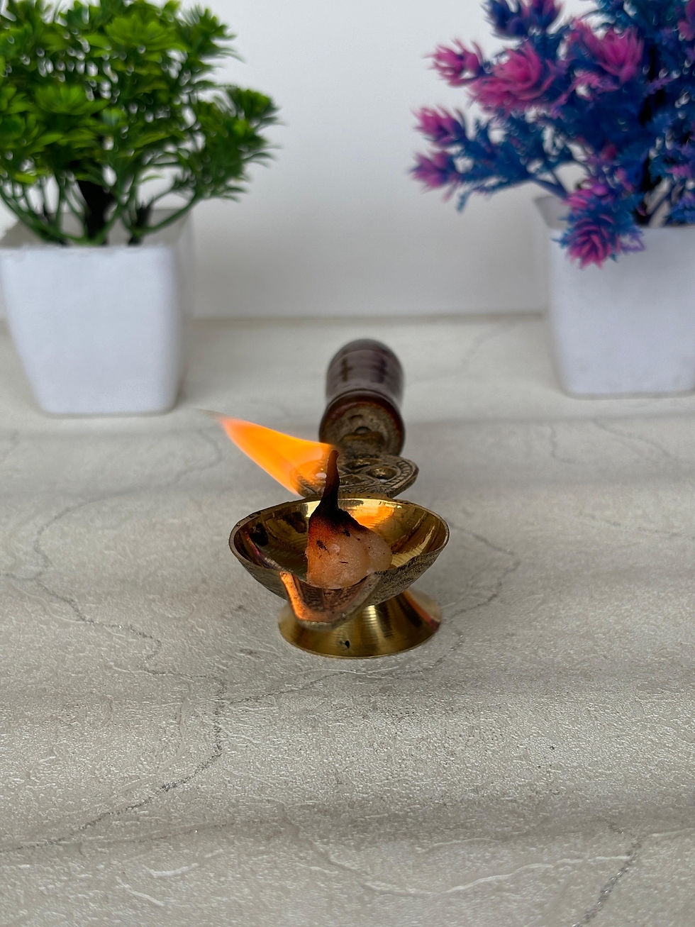 Thumbnail: Salvus APP SOLUTIONS Sacred Brass Diya/Deepak with Wooden Handle (6 x 1.5 inch)