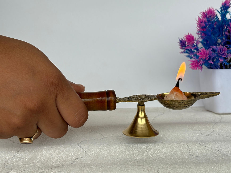 Thumbnail: Salvus APP SOLUTIONS Sacred Brass Diya/Deepak with Wooden Handle (6 x 1.5 inch)
