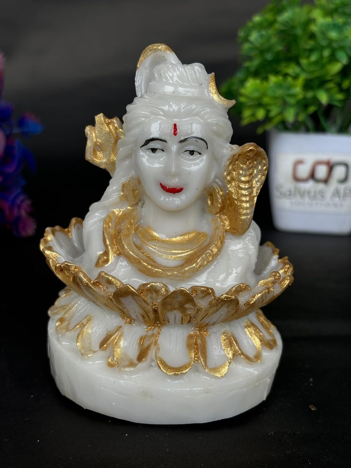 Salvus APP SOLUTIONS Marble Dust Lord Shiva Idol/Statue(White & Golden_3x4 Inch)