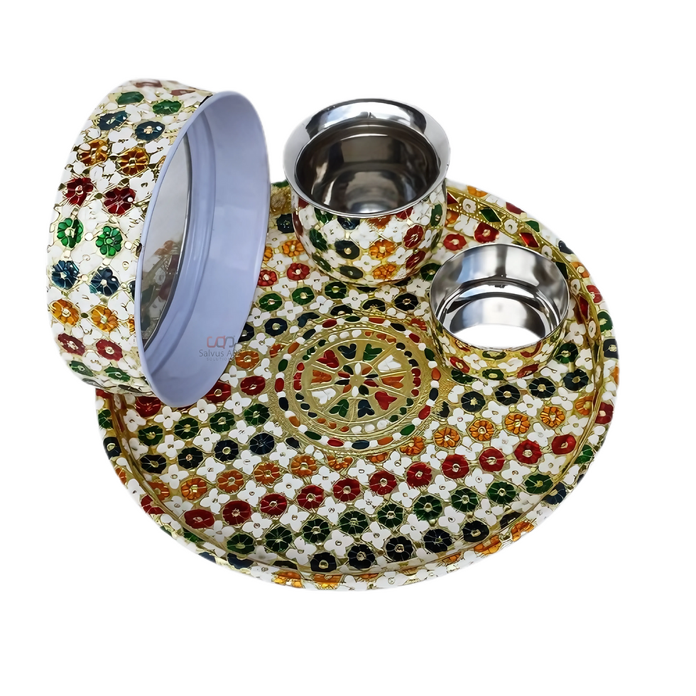 Thumbnail: Handcrafted Karwa Chauth Thali Set - Meenakari Thali, Lota, Chalni & Katori