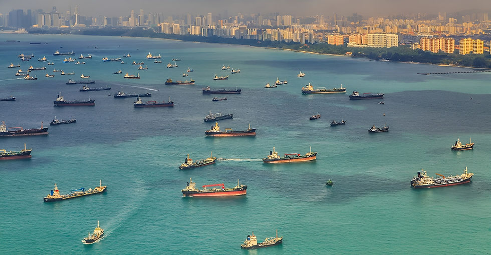 many ships in water with singapore in background