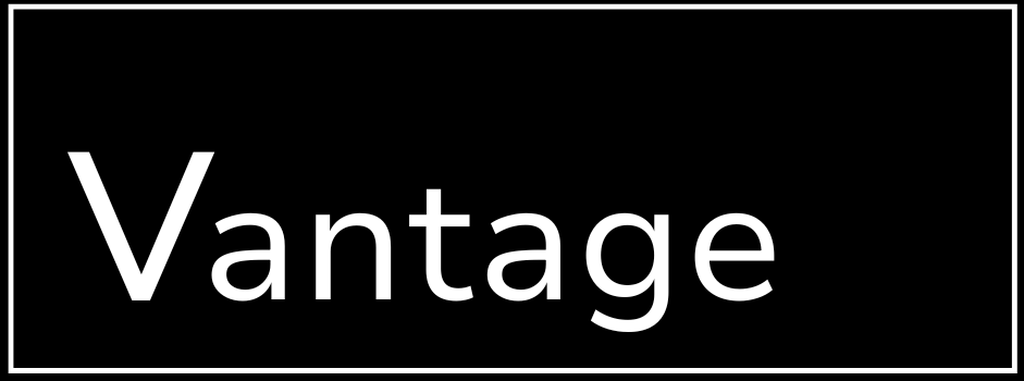 Vantage logo without tagline - a white lined square with Vantage inside the box with black background