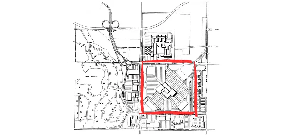 Most of the master plan was scrapped once Gruen’s Mall (red square) exceeded expectations.