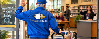 uplifting fun library delivery driver waving hi to public library staff and patrons as he wheels in a dolly of books the image is taken from behind and doesn't show the delivery driver's face he wears a blue cap and a blue  windbreaker jacket  with and embroidered logo on the back he has gray hair and is fit and trim