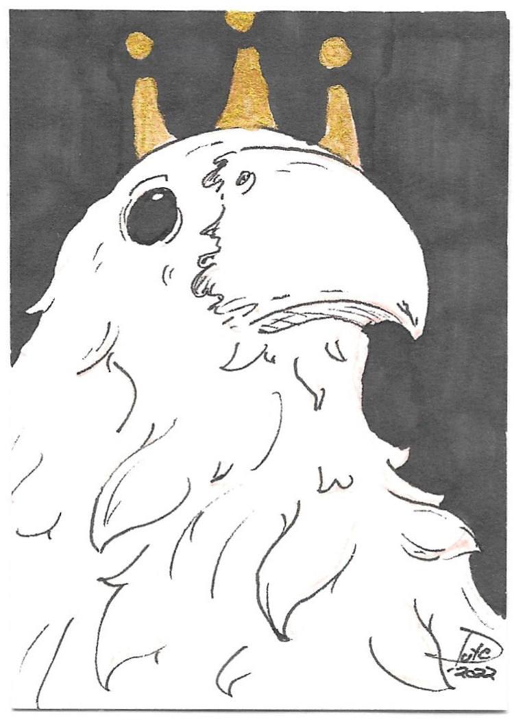 A white bird with a crown drawn in gold. Background in dark grey. The bird appears regal and strong.