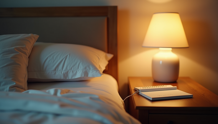 Eye-level view of a cozy bedside table with a glowing lamp and a gratitude journal