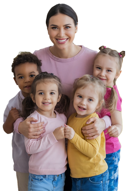 2 portrait-attractive-happy-young-teacher-hugging-with-young-cute-kids-modern-colorful-kin