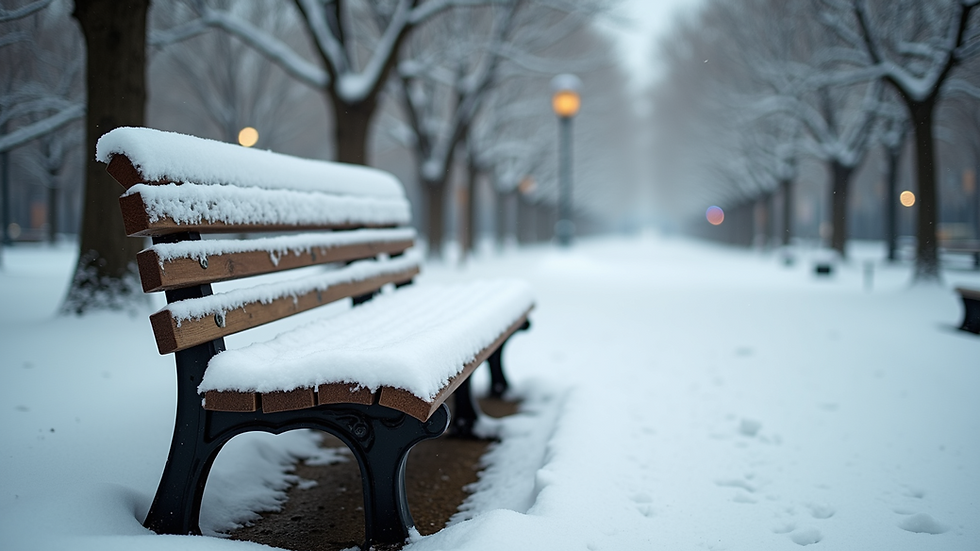 Wide angle view of a snow-covered park bench