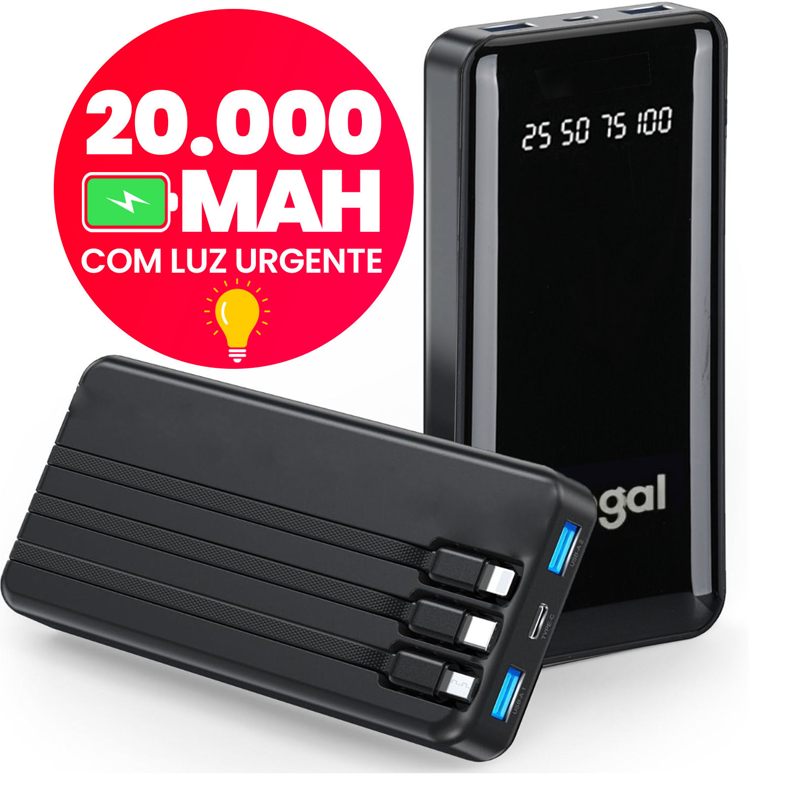 Power Bank 20000mAh com Lanterna Portátil Design Favos de Mel Bateria Externa A