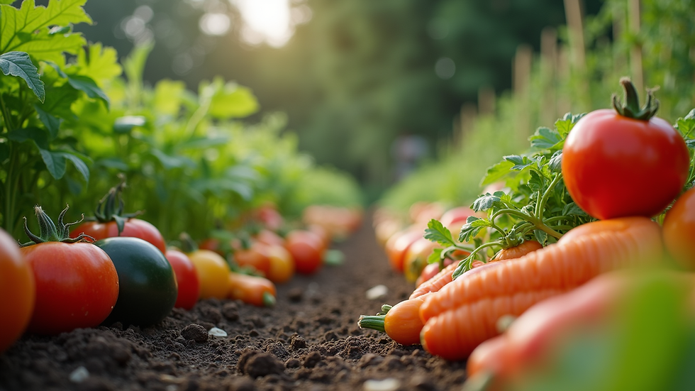 Eye-level view of a community garden with vibrant vegetables