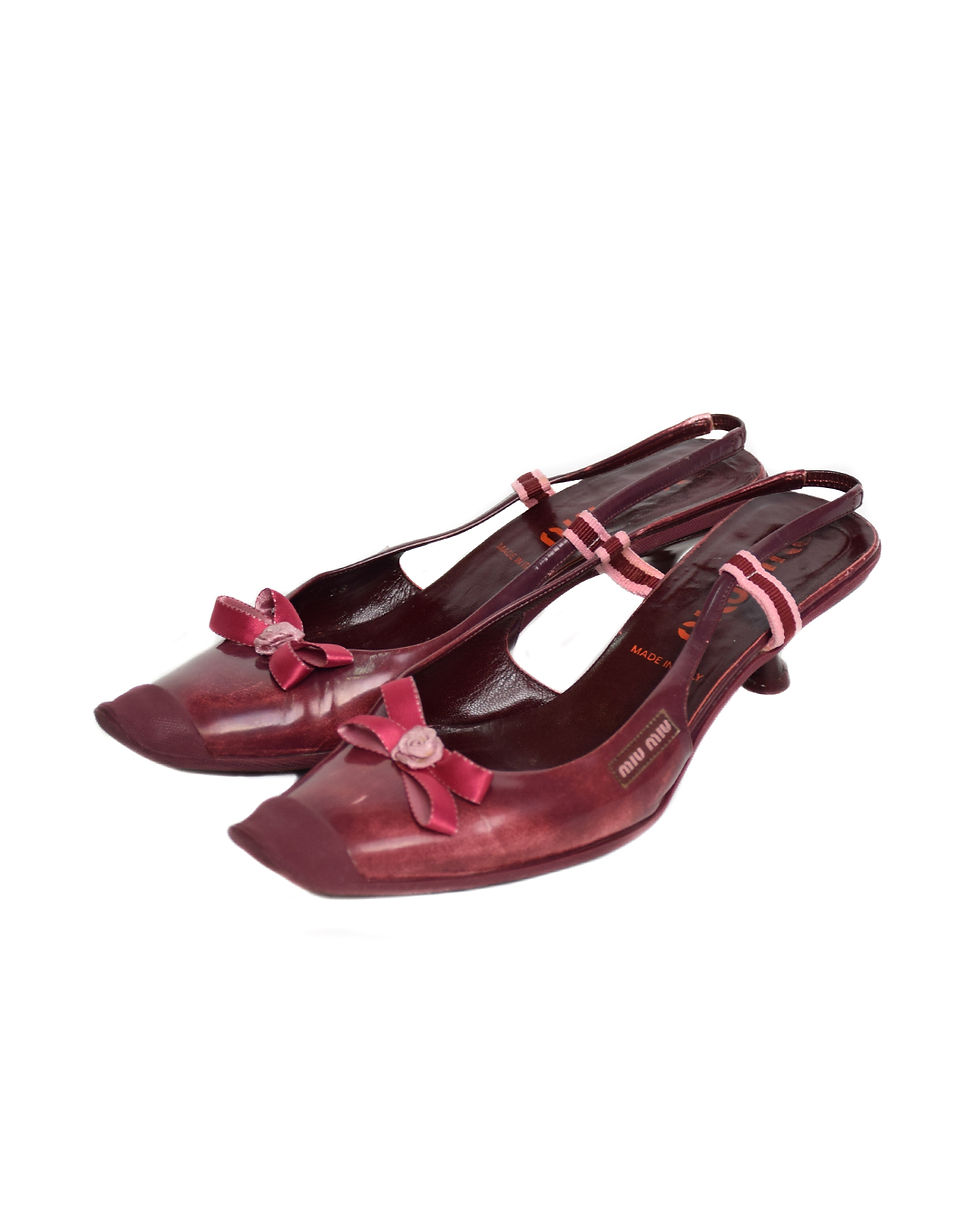 Thumbnail: Miu Miu S/S2000 "Distressed" Leather Rose Bowtie Heels in Pink