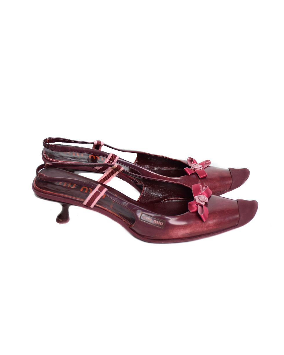 Thumbnail: Miu Miu S/S2000 "Distressed" Leather Rose Bowtie Heels in Pink