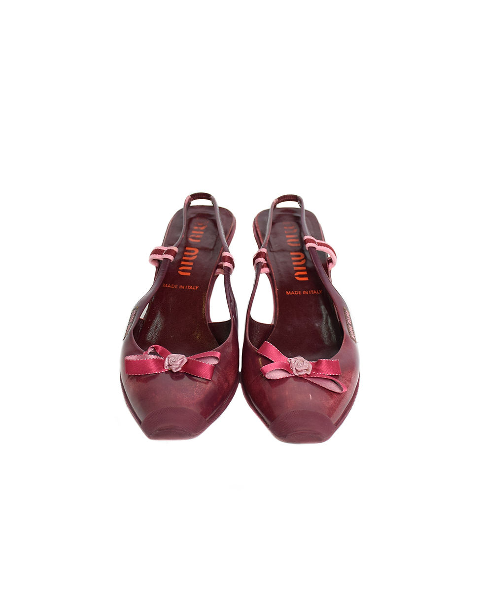Thumbnail: Miu Miu S/S2000 "Distressed" Leather Rose Bowtie Heels in Pink
