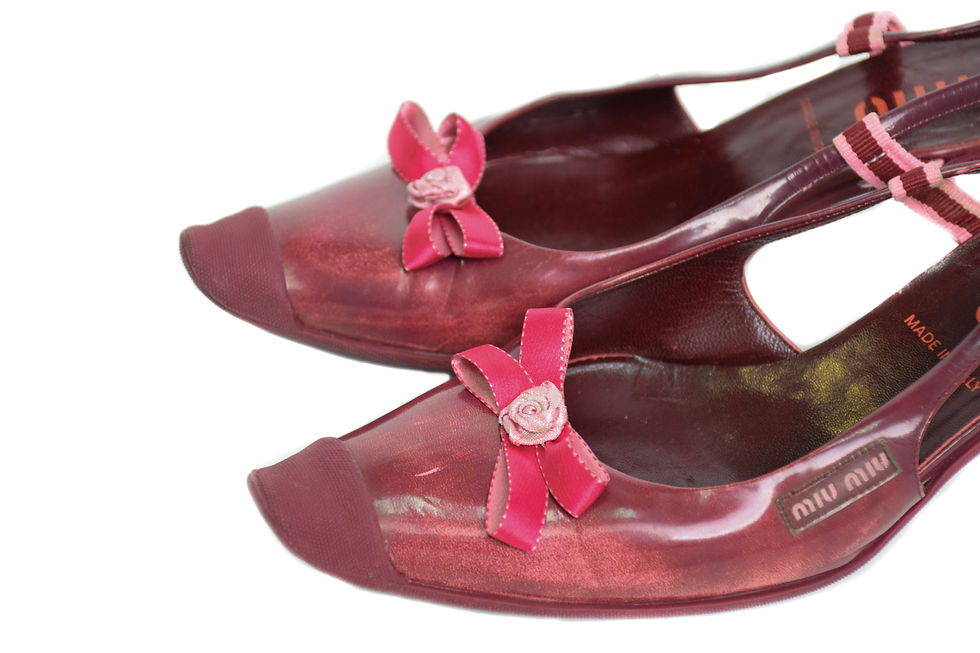 Thumbnail: Miu Miu S/S2000 "Distressed" Leather Rose Bowtie Heels in Pink