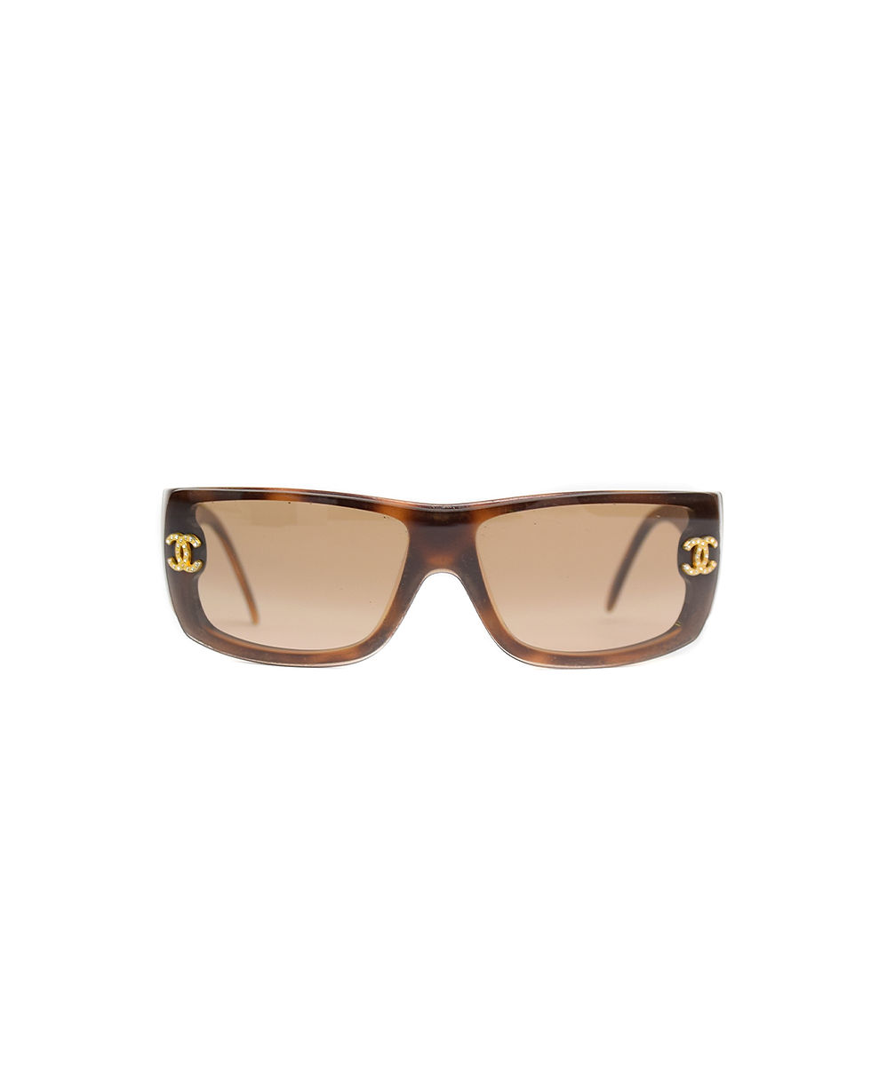 Thumbnail: Chanel Brown Tortoise Sunglasses with Rhinestones Logo