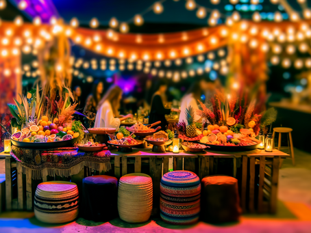 A vibrant boho bar party scene with colorful decor, lively guests, and a festive atmosphere.