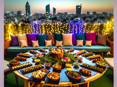 A cozy rooftop gathering in Bangalore, with friends enjoying a vibrant sunset view.