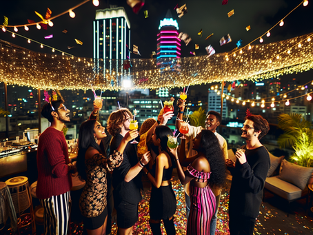 A vibrant boho-themed New Year's Eve celebration in Koramangala, filled with joy and festive decor.