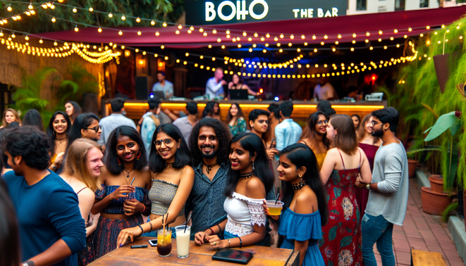 A vibrant college reunion at a boho-style bar in Koramangala, filled with laughter and nostalgia.