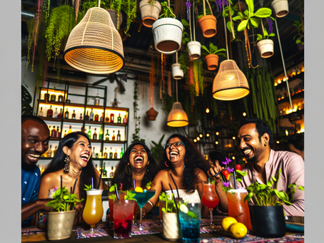 A vibrant boho-themed happy hour scene with colorful decor, drinks, and joyful friends enjoying together.