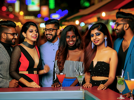 A vibrant night scene in Koramangala, showcasing lively streets, bustling cafés, and nightlife energy.