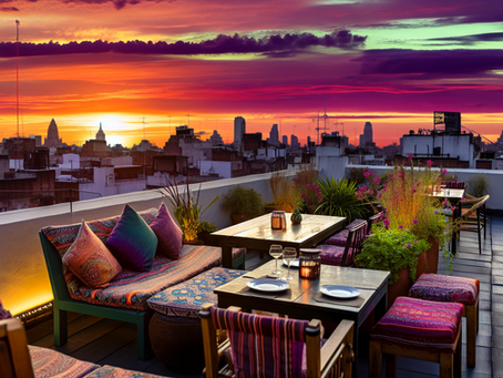 Rooftop dining at sunset in Boho Brookefield, featuring warm colors and serene vibes.