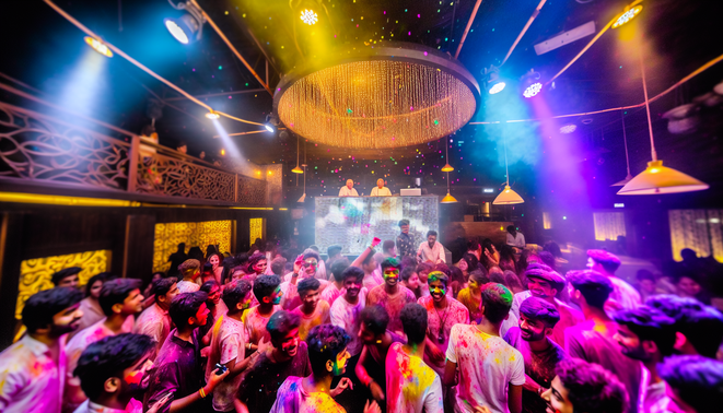 A vibrant Holi afterparty in Koramangala, featuring colorful revelers and festive decorations.