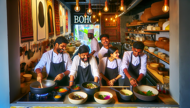 A colorful boho-style kitchen in Koramangala, brimming with plants, art, and cozy decor.