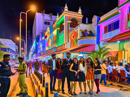 Bangalore’s vibrant nightlife: colorful lights, bustling streets, lively cafes, and joyful crowds.