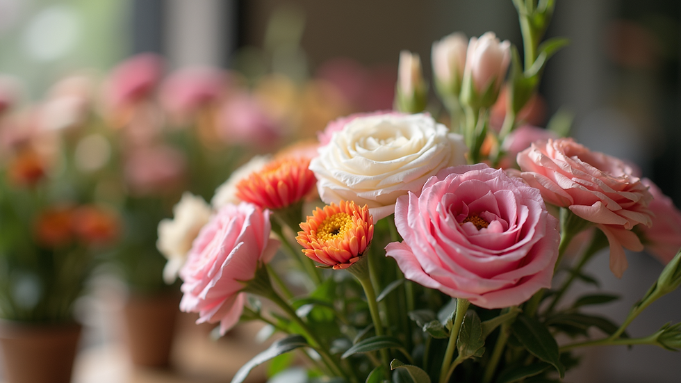 Plano detalle de un ramo de flores siendo preparado para envío en una floristería