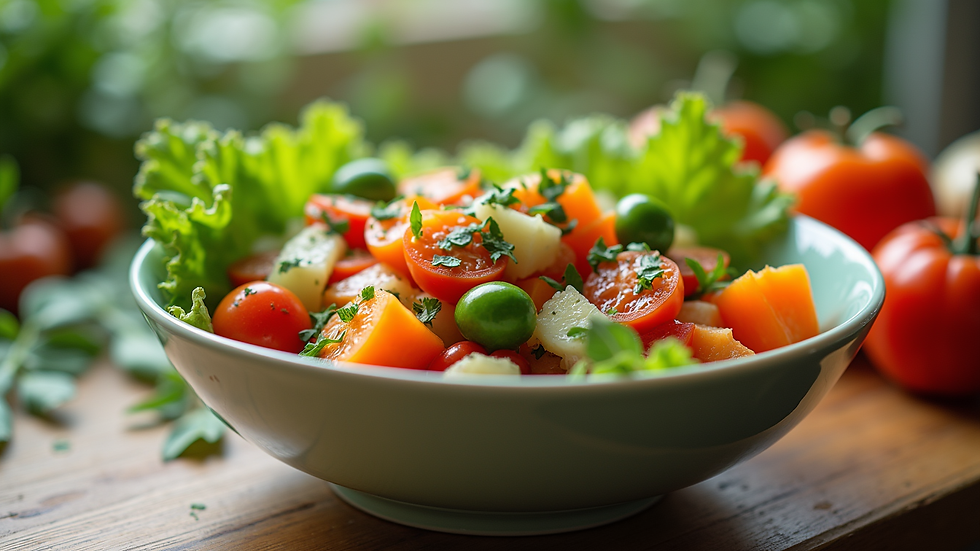 Close-up view of a colorful salad bowl filled with fresh vegetables