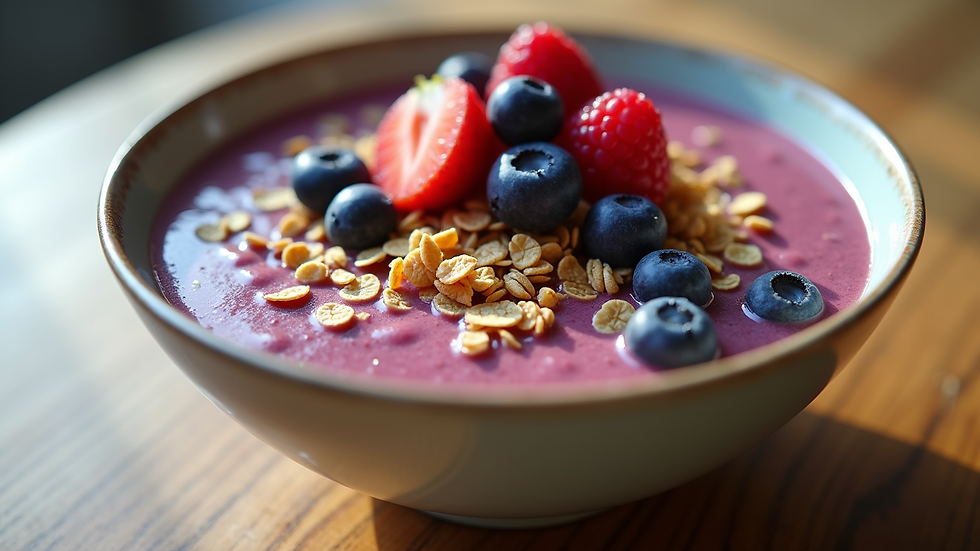 Eye-level view of a colorful smoothie bowl topped with granola and berries