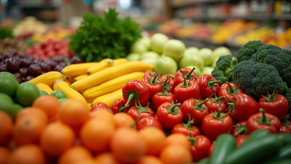 Eye-level view of a colorful fruit and vegetable display