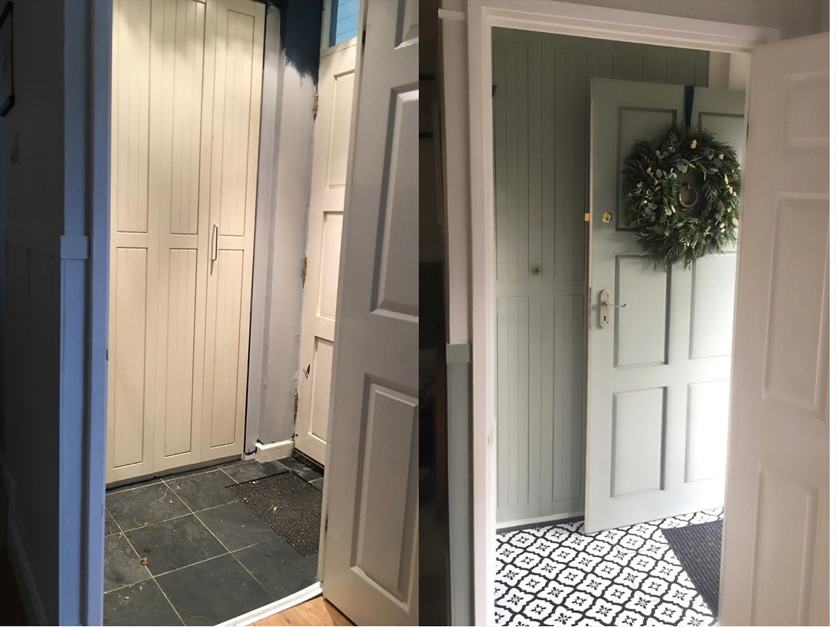 Porch glow-up room reveal budget revamp with stick-on floor tiles