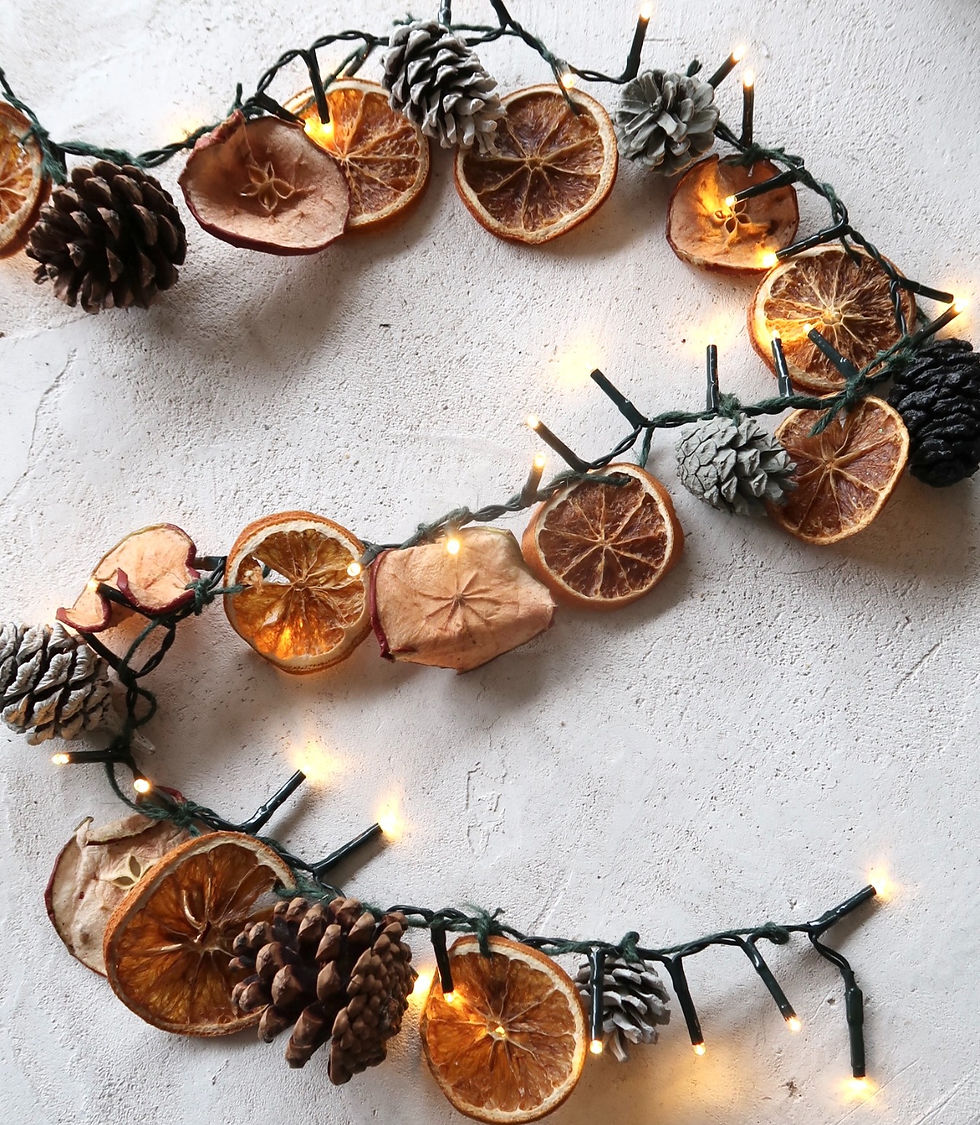 DIY rustic fairy lit garland with dried orange slices and pine cones by Claire Douglas
