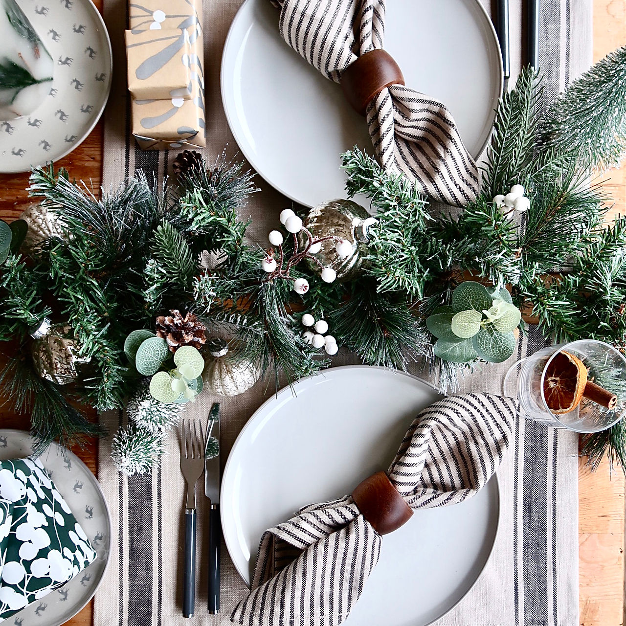 festive styling with baubles on a table