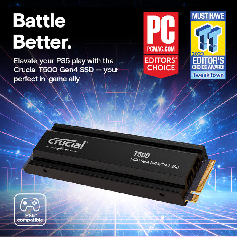Thumbnail: Crucial T500 1TB M.2 NVMe Gen4 with Heatsink NAND SSD