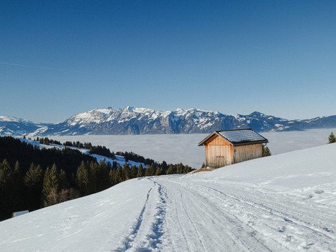 Berghutjje op een besneeuwde vlakte met uitzicht op de bergen