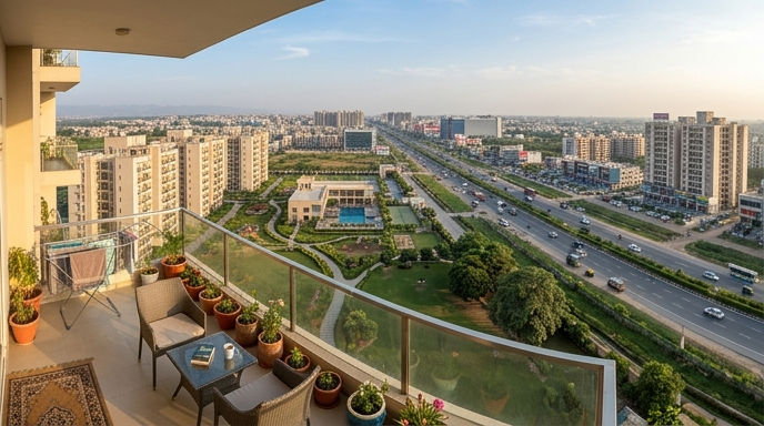 Wide balcony view from a 2 BHK apartment in Heritage Woods on Patiala Highway, Zirakpur.