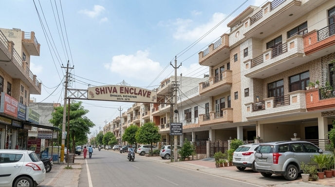 Street view of low-rise independent builder floors in Shiva Enclave Bhabat.