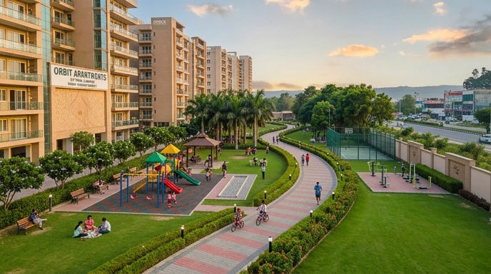 Family recreation area and walking path inside Orbit Apartments VIP Road.