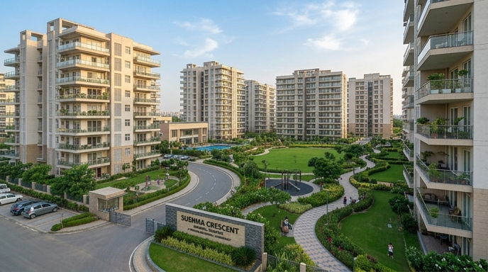 Modern residential facade and green areas of Sushma Crescent in Dhakoli.