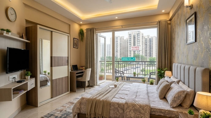 Fully furnished bedroom of a 2 BHK flat in Sunrise Enclave near Panchkula border.