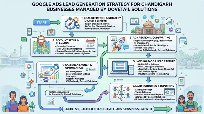 Flowchart illustrating the Google Ads lead generation strategy for businesses in Chandigarh managed by Dovetail Solutions.