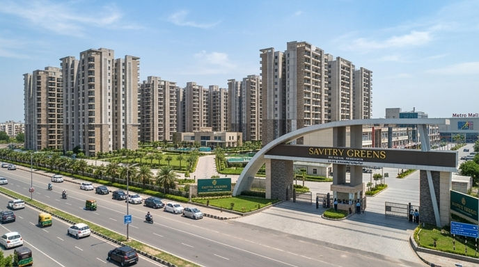 Entrance gate and residential towers of Savitry Greens on VIP Road, Zirakpur.