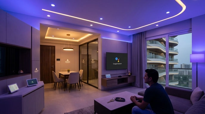 Voice-controlled smart lighting setup inside Ananta Lifestyle 2 BHK flat.