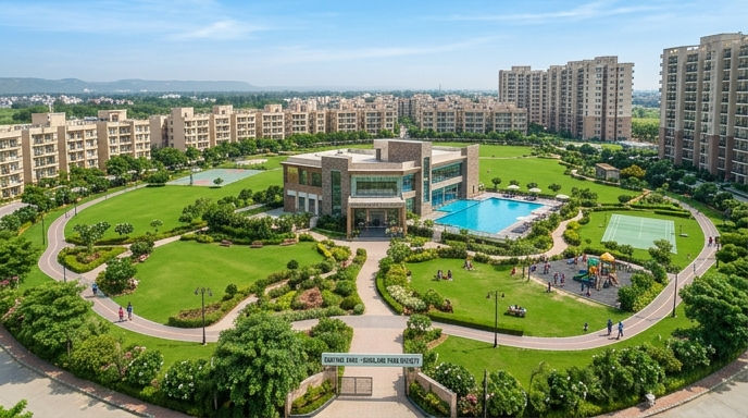 Large green central park and clubhouse at Highland Park residential society in Zirakpur.